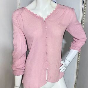 MINE Dusty Rose Textured Button Front Blouse With Lace Trim